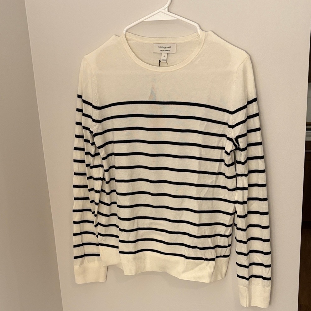 Banana Republic Women's Crewneck Sweater - White with Black Stripes